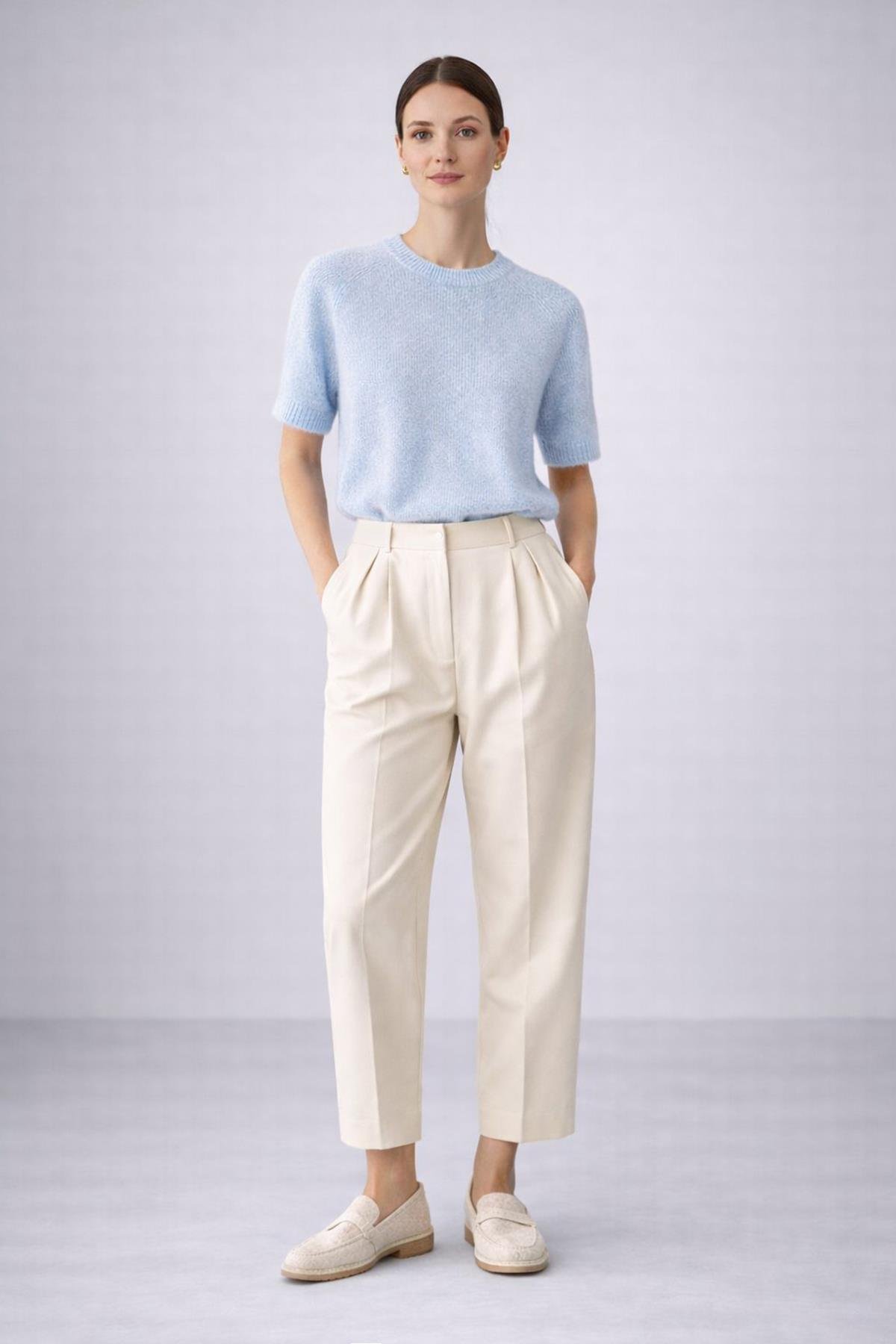 Ferraro Mavi Kadın Mevsimlik Yün Karışımlı Kısa Kollu Triko Bluz