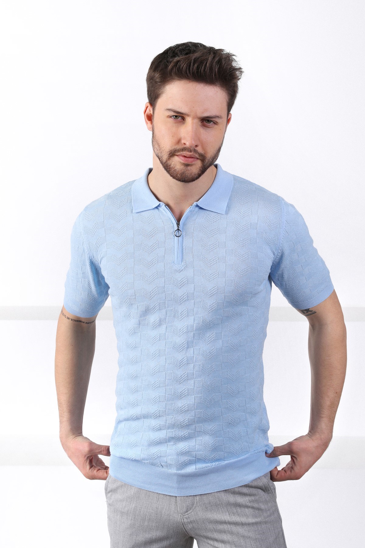 Ferraro Mavi Polo Yaka Fermuarlı Erkek Pamuk Triko T-Shirt