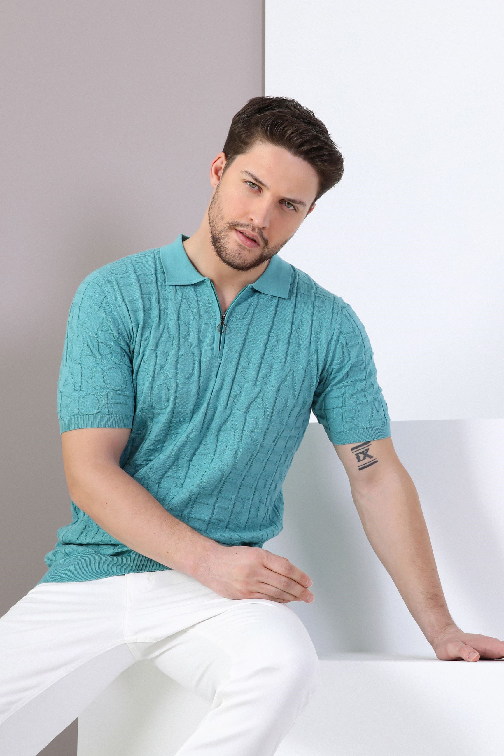 Ferraro Mint Polo Yaka Fermuarlı Erkek Pamuk Triko T-Shirt