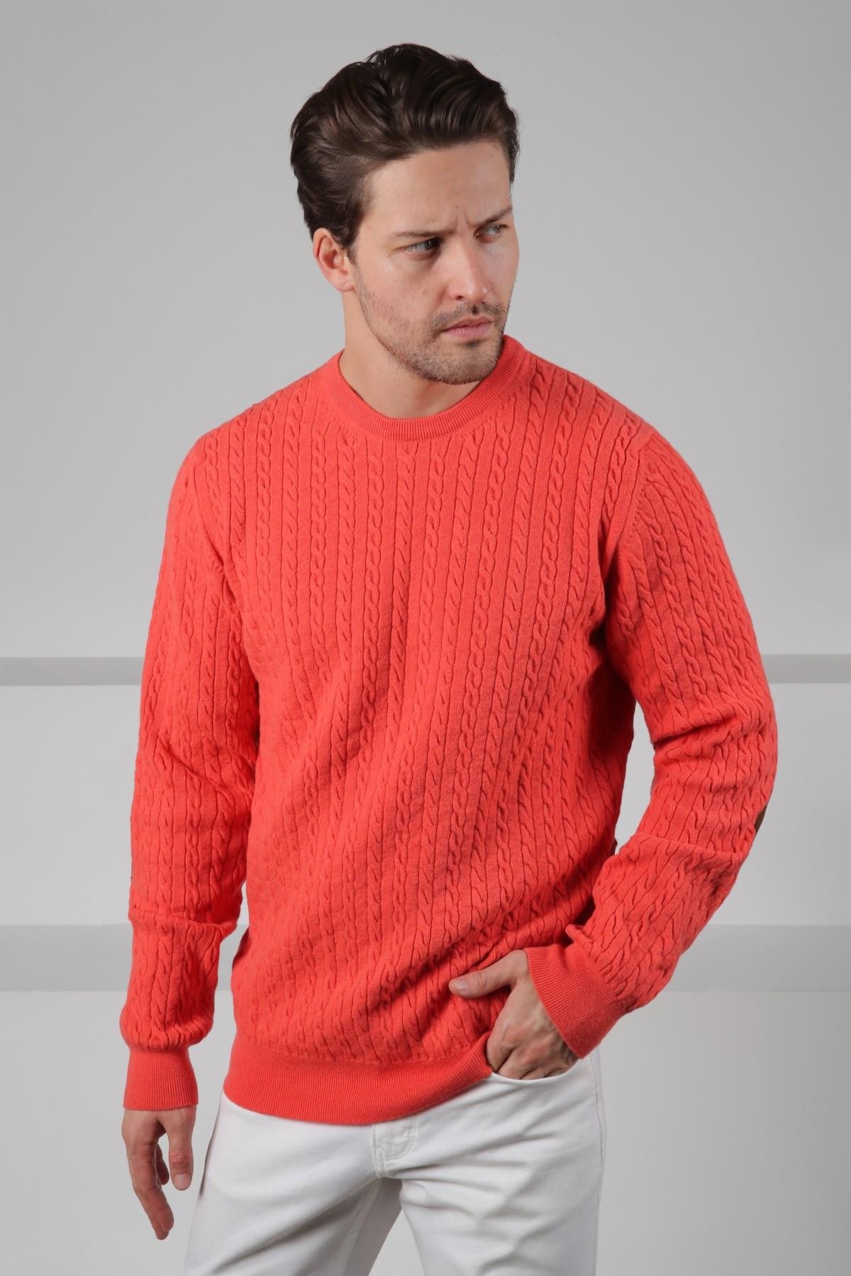 Ferraro Nar Çiçeği Bisiklet Yaka Kabartmalı Saç Örgü Desenli Uzun Kollu %100 Kuzu Yünü Erkek Triko Kazak