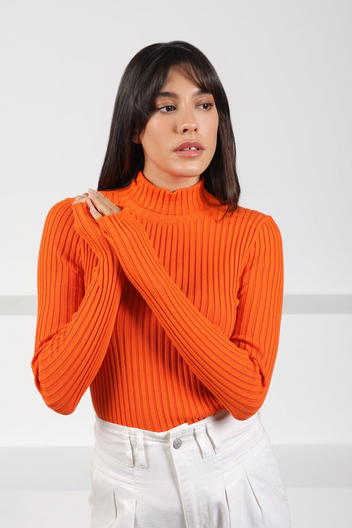 Ferraro Orange Balıkçı Yaka Uzun Kollu Fitilli Pamuklu Kadın Triko Kazak