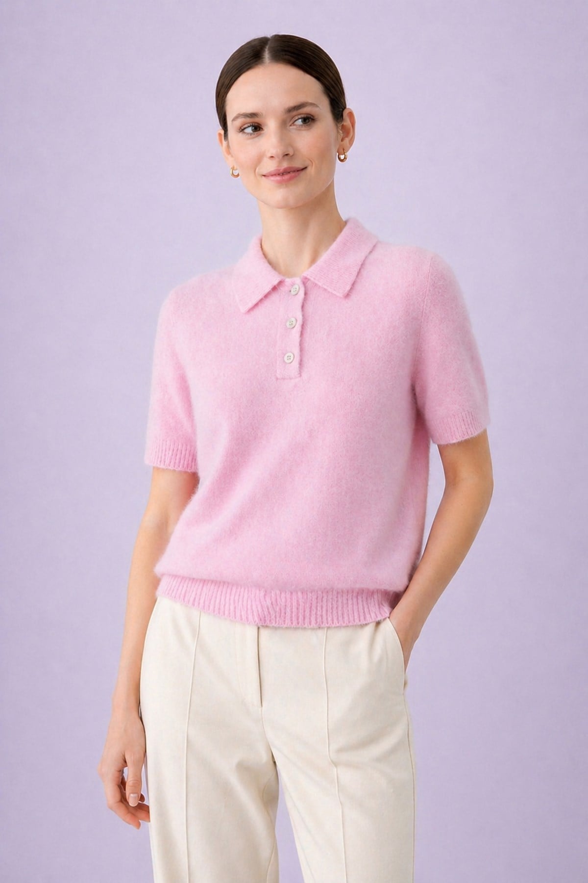 Ferraro Pembe Polo Yaka Düğmeli Kısa Kollu Triko Bluz