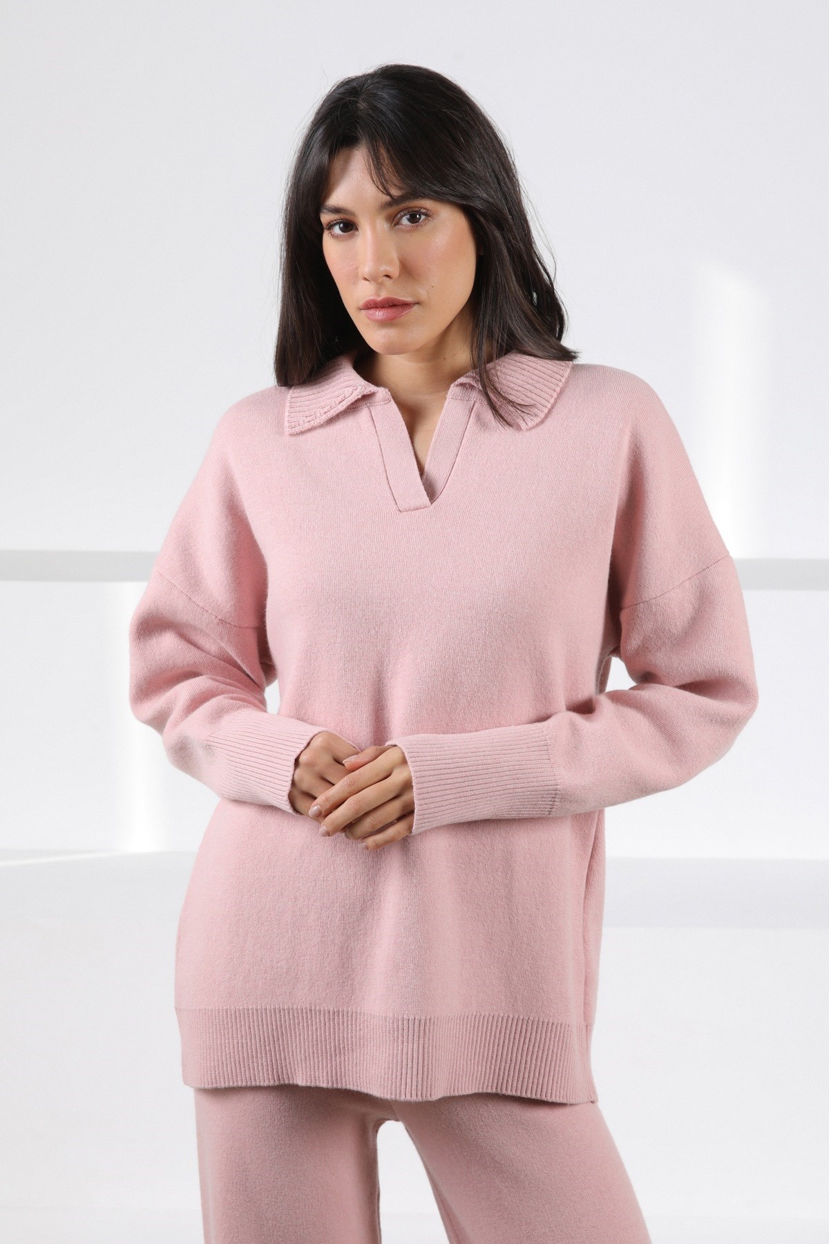 Ferraro Pembe Uzun Kollu Polo Yaka Kaşmirli Kadın Triko Kazak