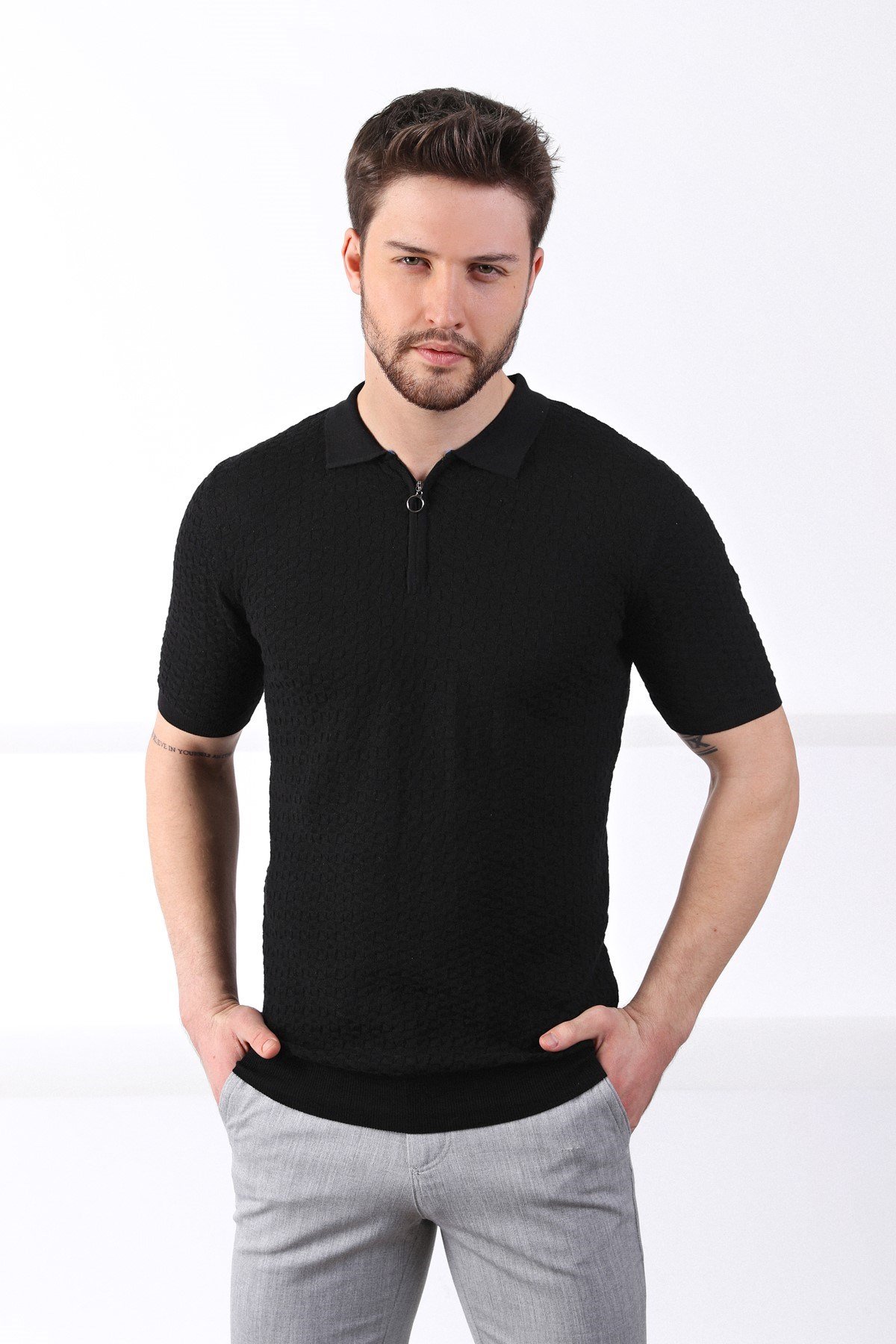 Ferraro Siyah Polo Yaka Fermuarlı Erkek Pamuk Triko T-Shirt