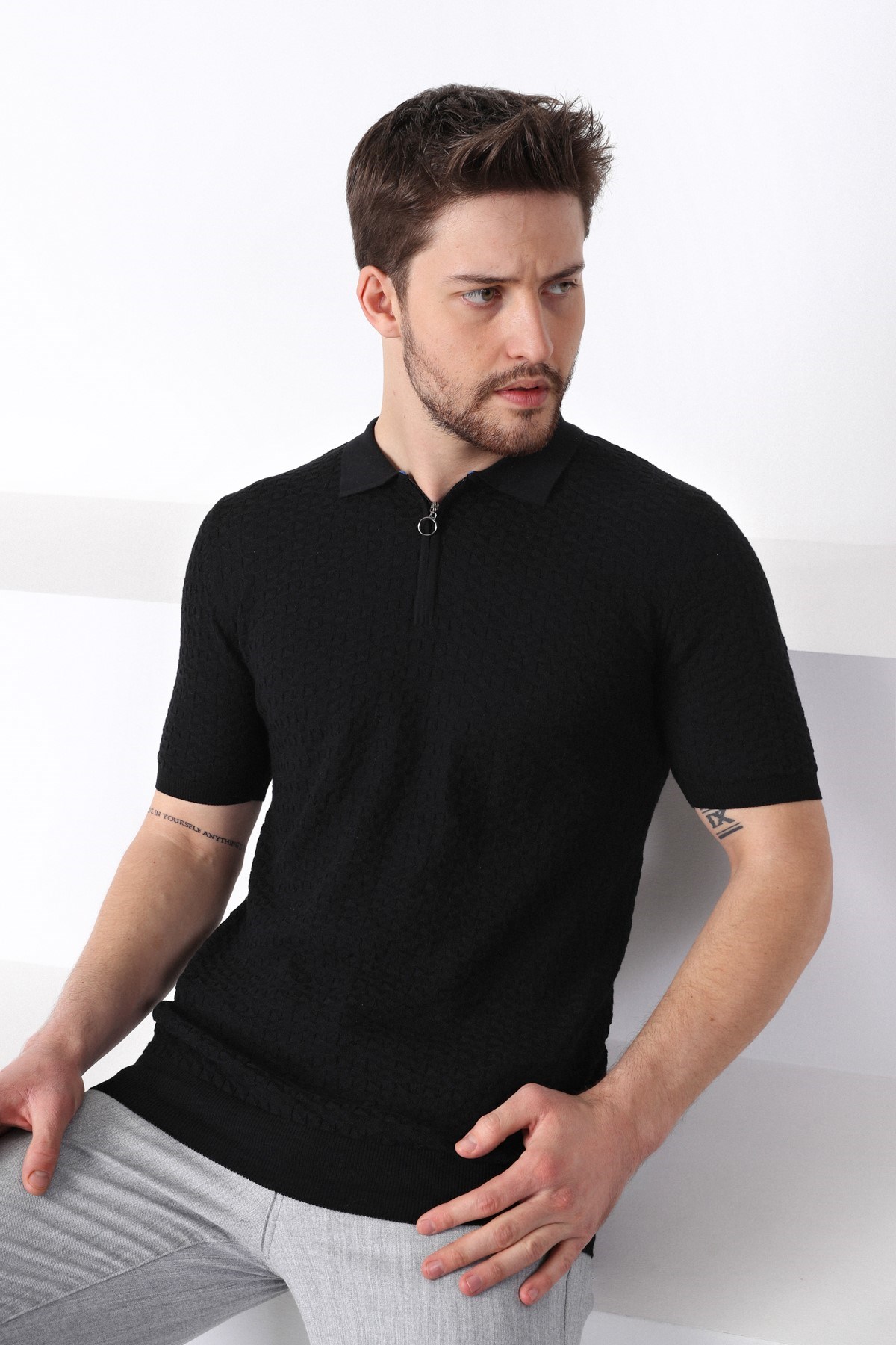 Ferraro Siyah Polo Yaka Fermuarlı Erkek Pamuk Triko T-Shirt