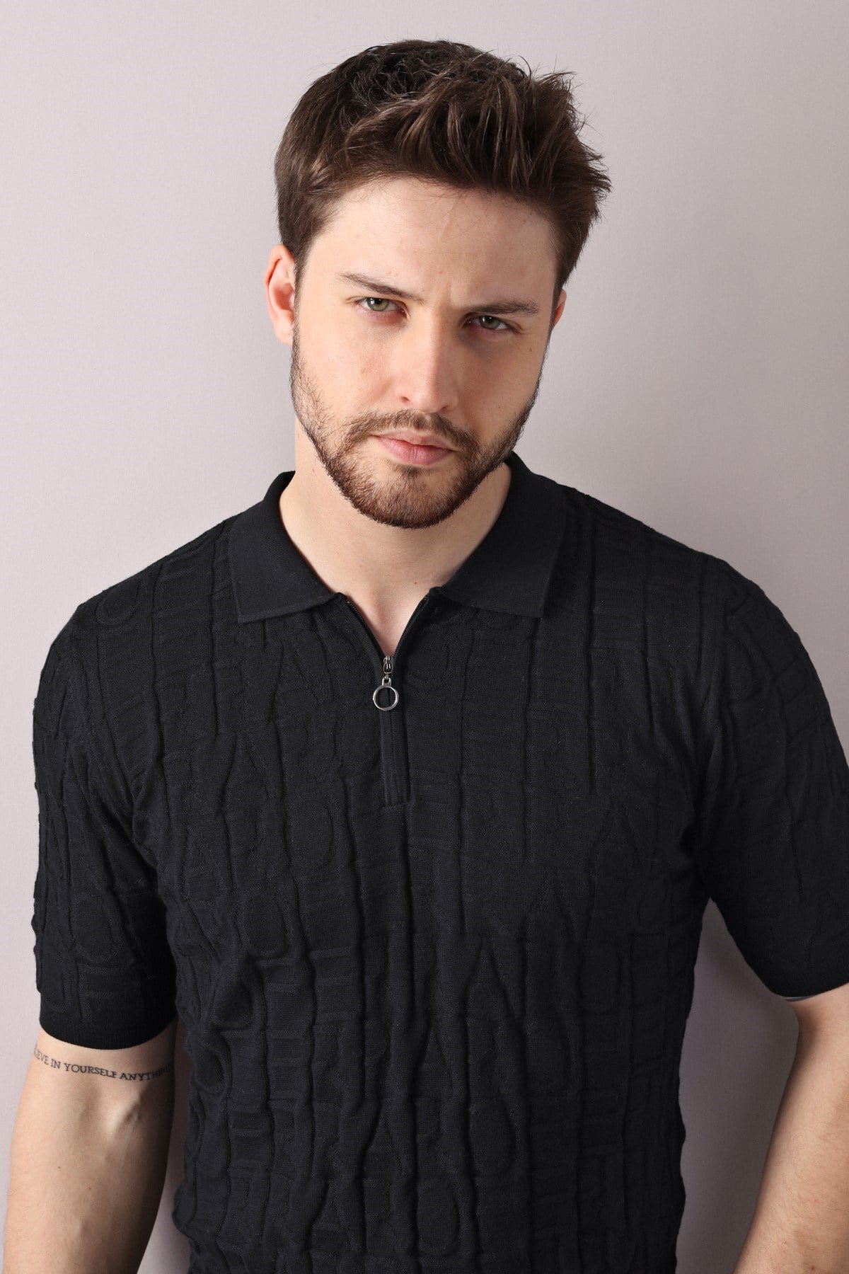 Ferraro Siyah Polo Yaka Fermuarlı Erkek Pamuk Triko T-Shirt