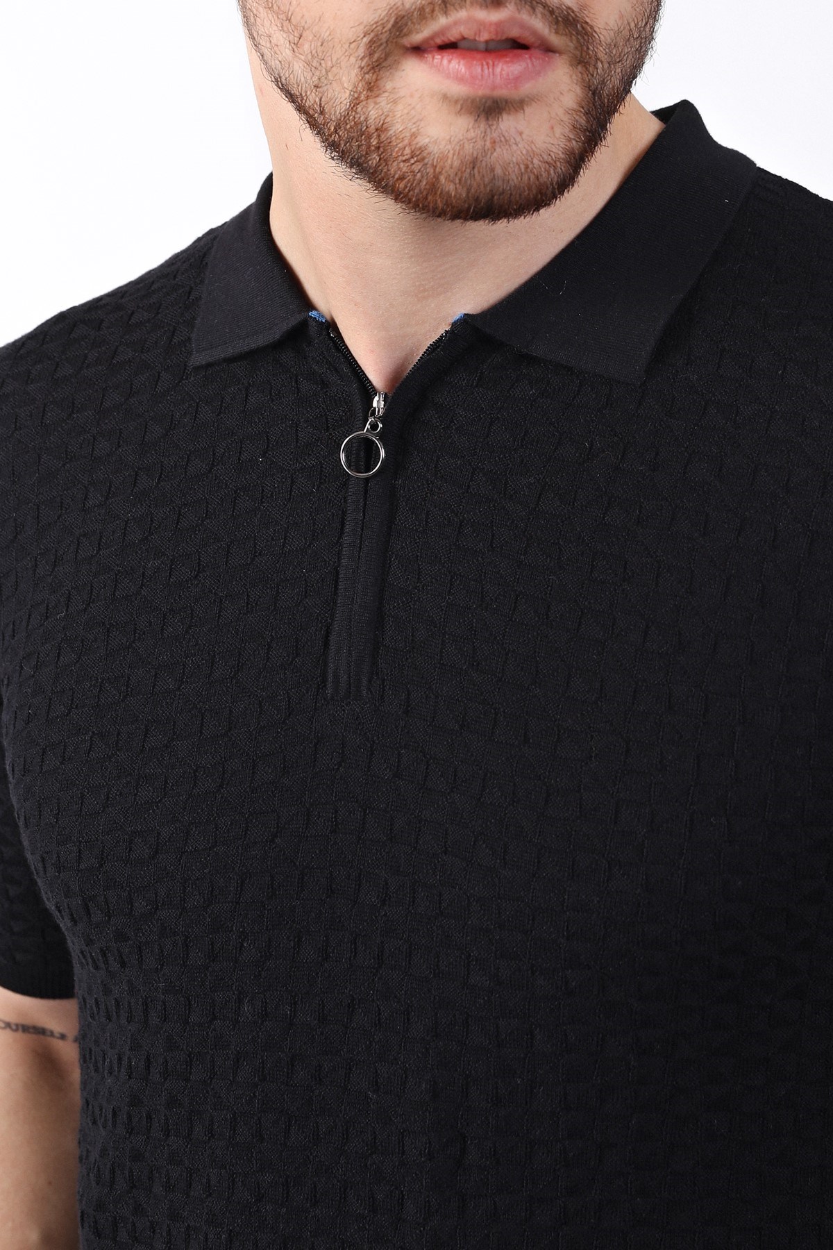 Ferraro Siyah Polo Yaka Fermuarlı Erkek Pamuk Triko T-Shirt