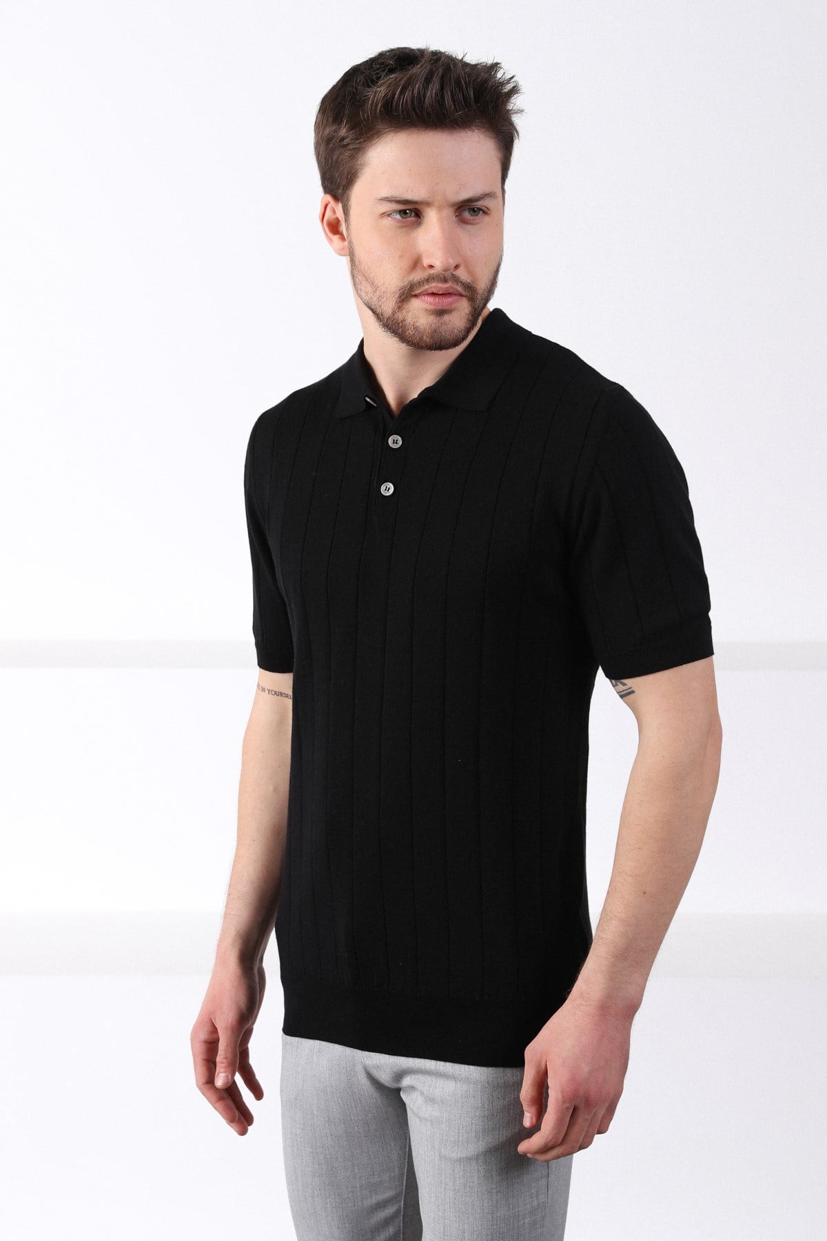Ferraro Siyah Polo Yaka Fitilli Erkek Pamuk Triko T-Shirt