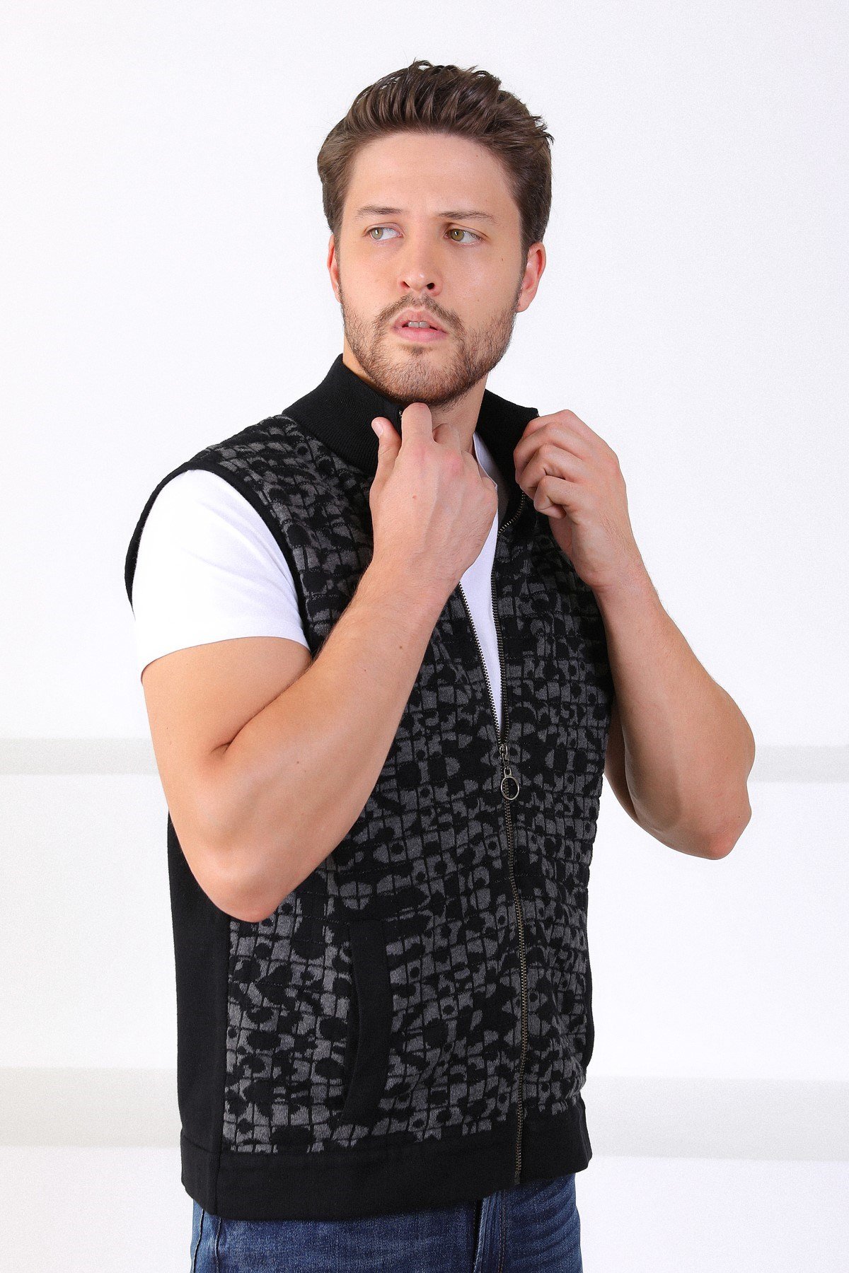 Ferraro Siyah/Antrasit Dik Yaka Cepli Pamuk Erkek Yelek