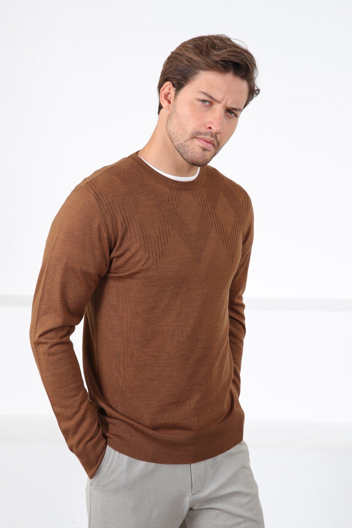 Ferraro Taba Bisiklet Yaka Superfine Erkek Triko Kazak