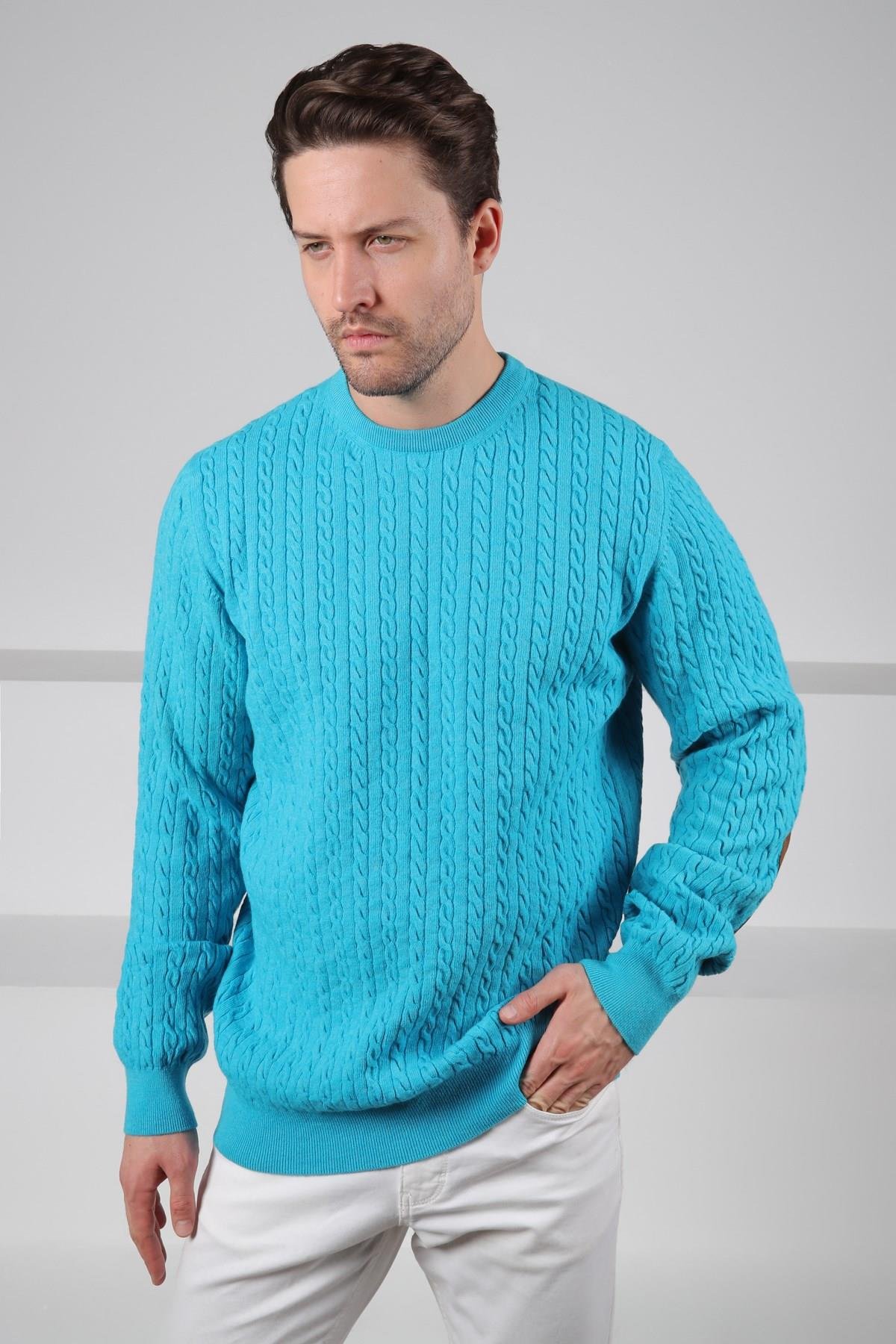 Ferraro Turkuaz Bisiklet Yaka Kabartmalı Saç Örgü Desenli Uzun Kollu %100 Kuzu Yünü Erkek Triko Kazak