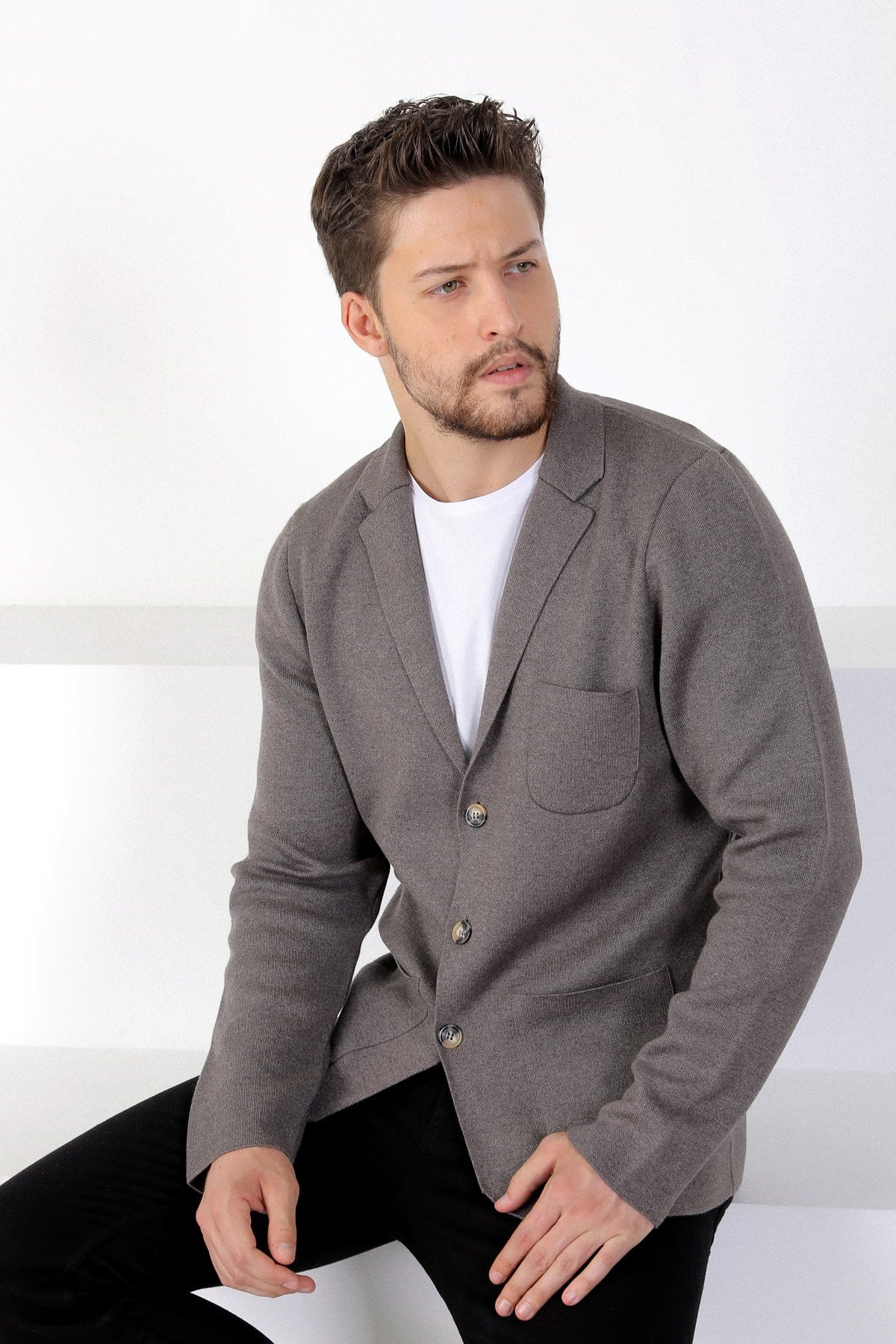 Ferraro Üç Düğmeli İnce Pamuk Triko Ceket - Kahve Melanj