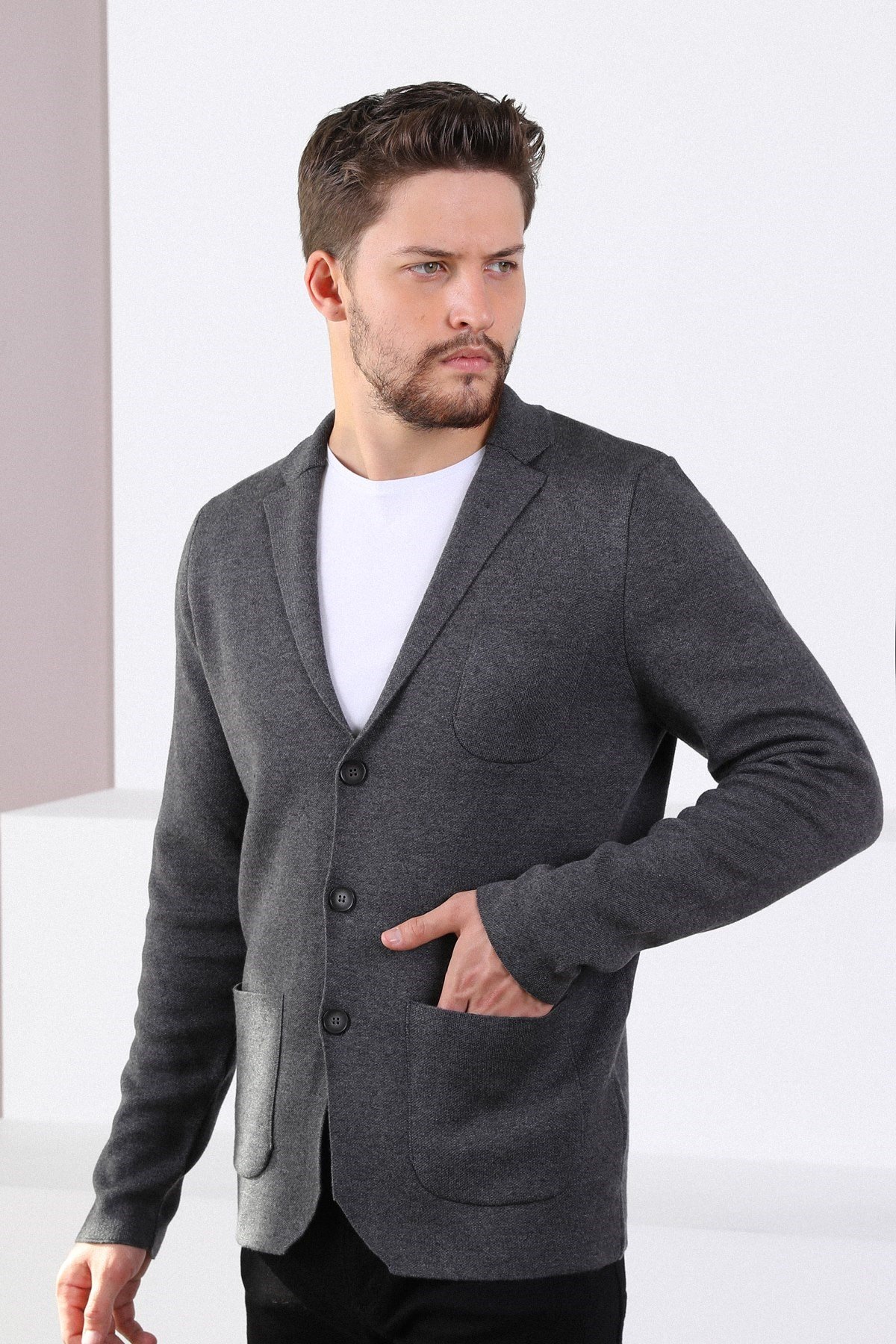 Ferraro Üç Düğmeli İnce Pamuk Triko Ceket - Antrasit