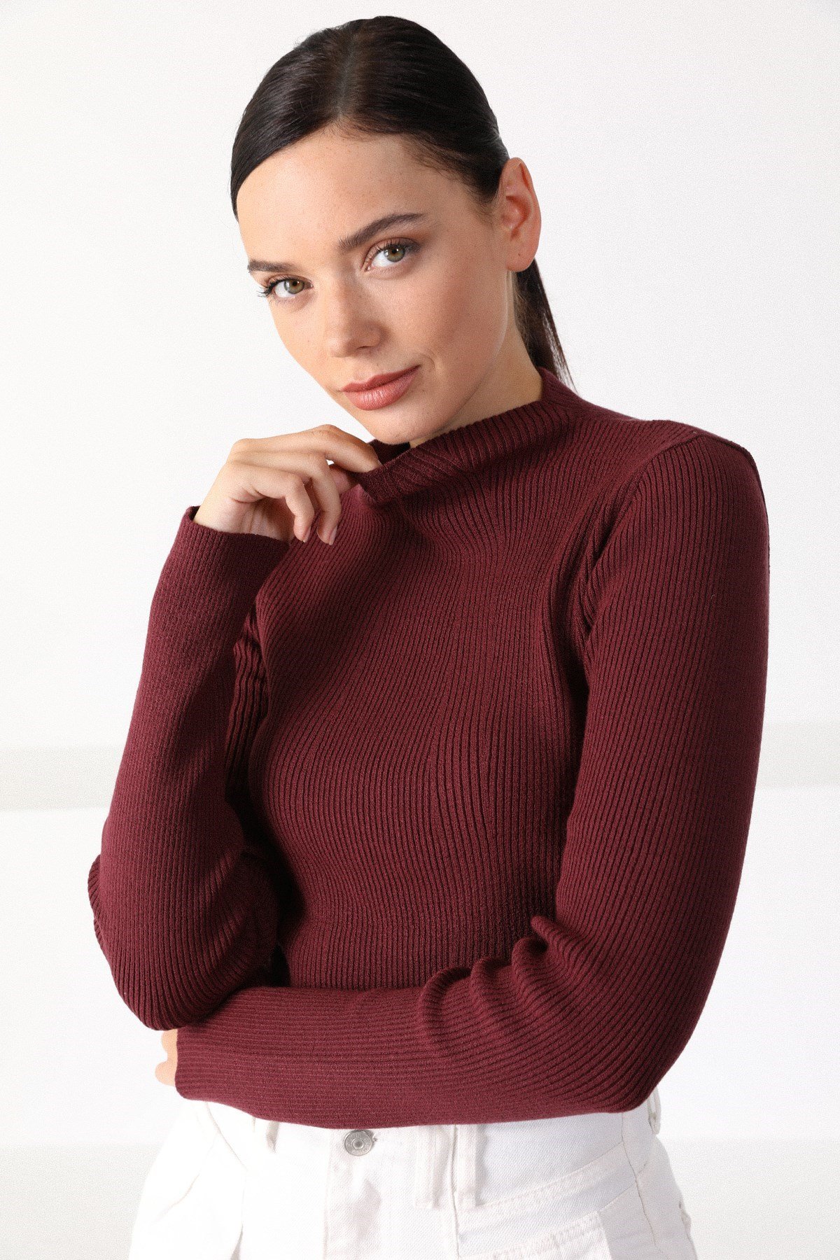 Ferraro Vişne Modern Yaka Uzun Kol Kadın Triko Kazak