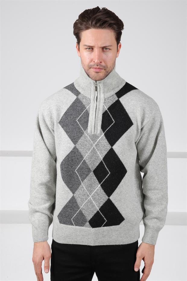 Ferraro A.Gri/Füme Balıkçı Yaka Fermuarlı Geometrik Desenli %100 Kuzu Yünü Erkek Triko Kazak