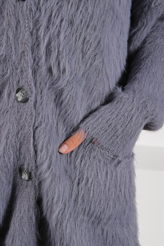 Ferraro A.Gri Düğmeli Kaşmir Ve Yün Karışımlı Oversize Kadın Triko Hırka