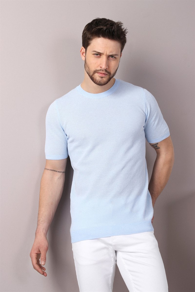 Ferraro A.Mavi/Beyaz Kuşgözü Desenli Bisiklet Yaka Erkek Triko T-Shirt