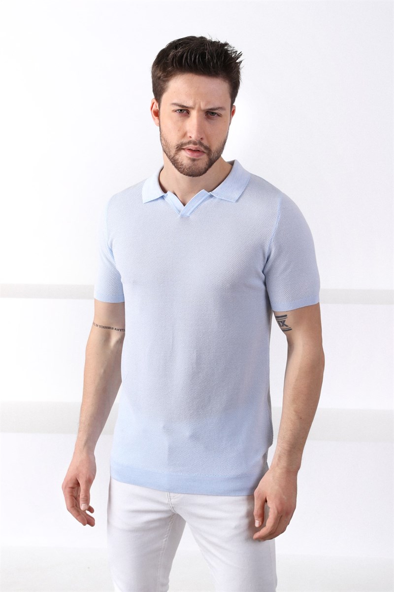 Ferraro A.Mavi/Beyaz Kuşgözü Desenli Polo Yaka Erkek Triko T-Shirt