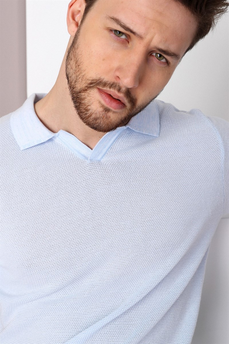 Ferraro A.Mavi/Beyaz Kuşgözü Desenli Polo Yaka Erkek Triko T-Shirt
