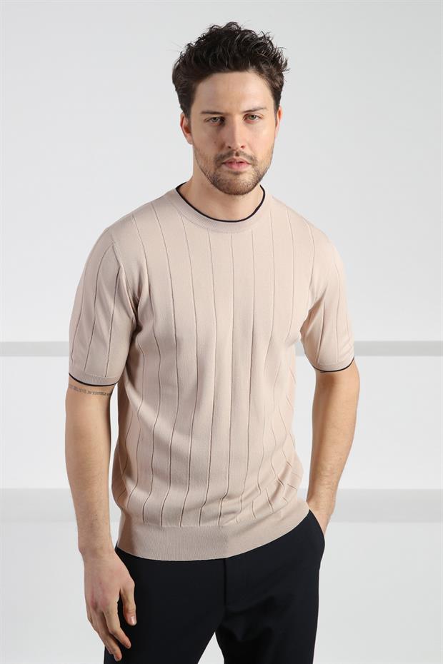 Ferraro Bej Bisiklet Yaka Kısa Kol Erkek Viskon Triko T-Shirt