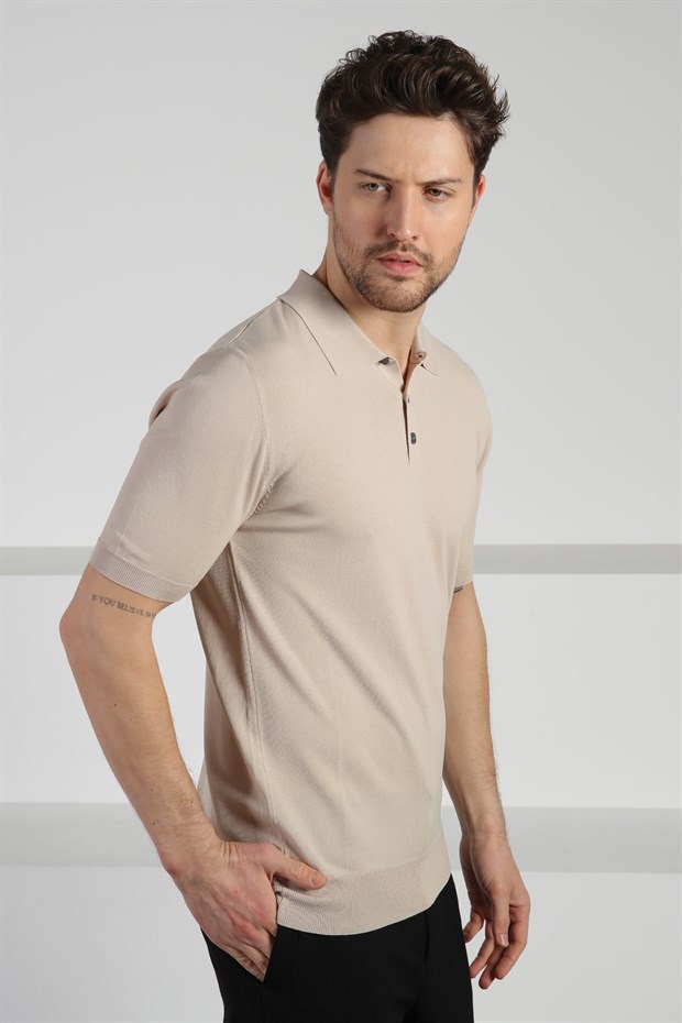 Ferraro Bej Düğmeli Polo Yaka Viskon Erkek Triko T-Shirt