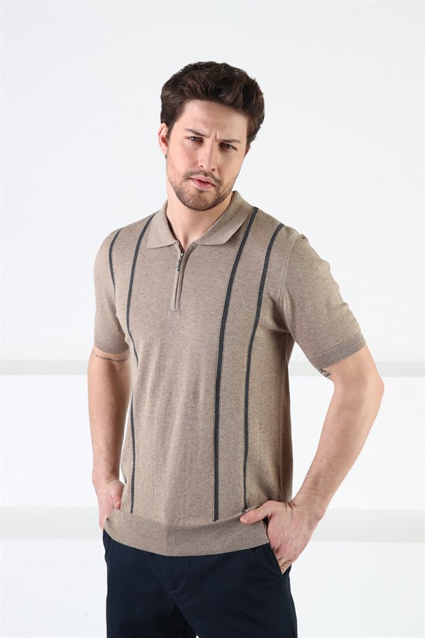 Ferraro Bej Fermuarlı Polo Yaka %100 Pamuk Erkek Triko T-Shirt