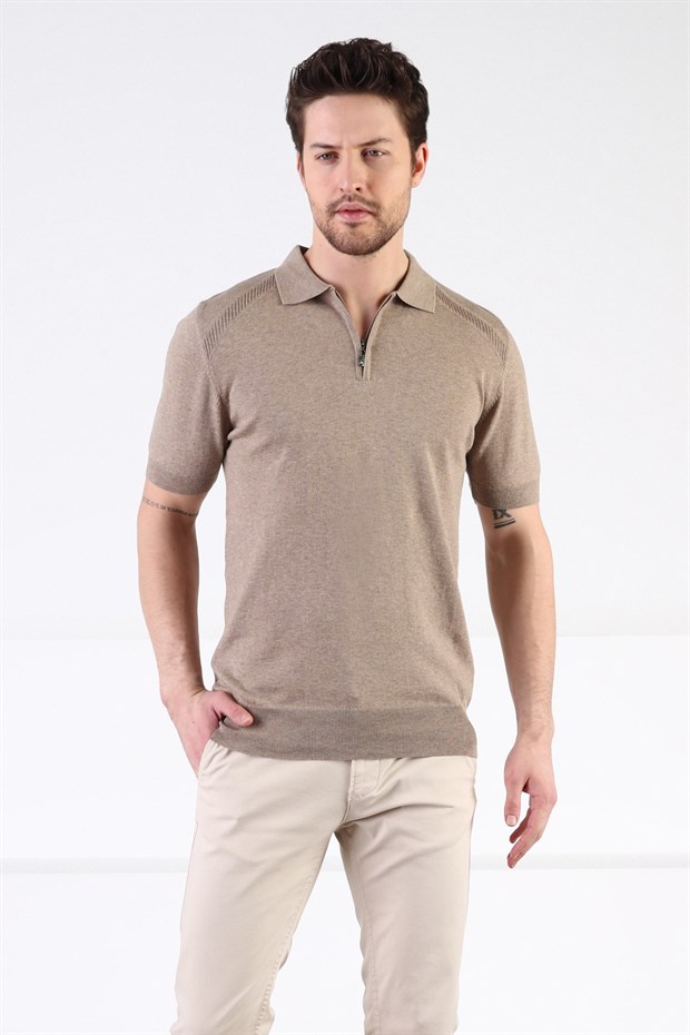 Ferraro Bej Fermuarlı Polo Yaka %100 Pamuk Erkek Triko T-Shirt