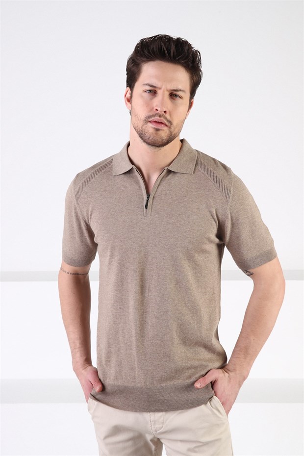Ferraro Bej Fermuarlı Polo Yaka %100 Pamuk Erkek Triko T-Shirt