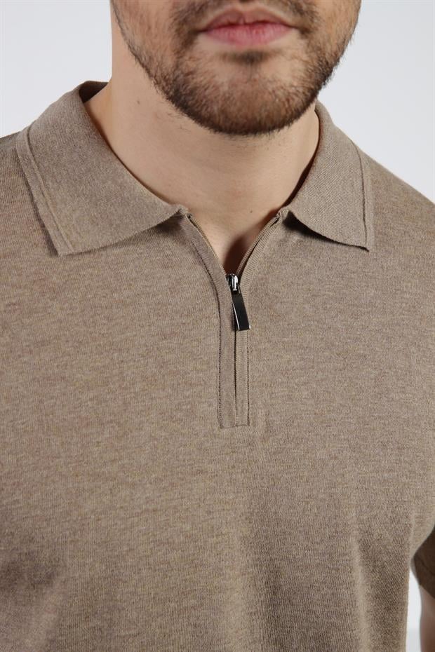 Ferraro Bej Polo Yaka Fermuarlı Erkek Pamuk Triko T-Shirt
