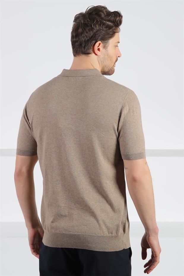 Ferraro Bej Polo Yaka Fermuarlı Erkek Pamuk Triko T-Shirt