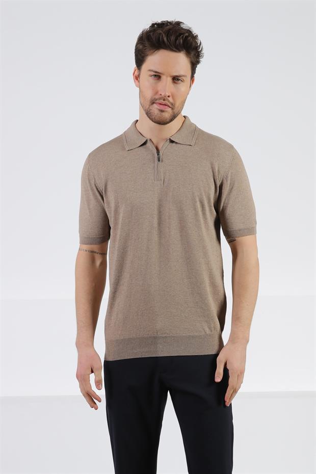 Ferraro Bej Polo Yaka Fermuarlı Erkek Pamuk Triko T-Shirt