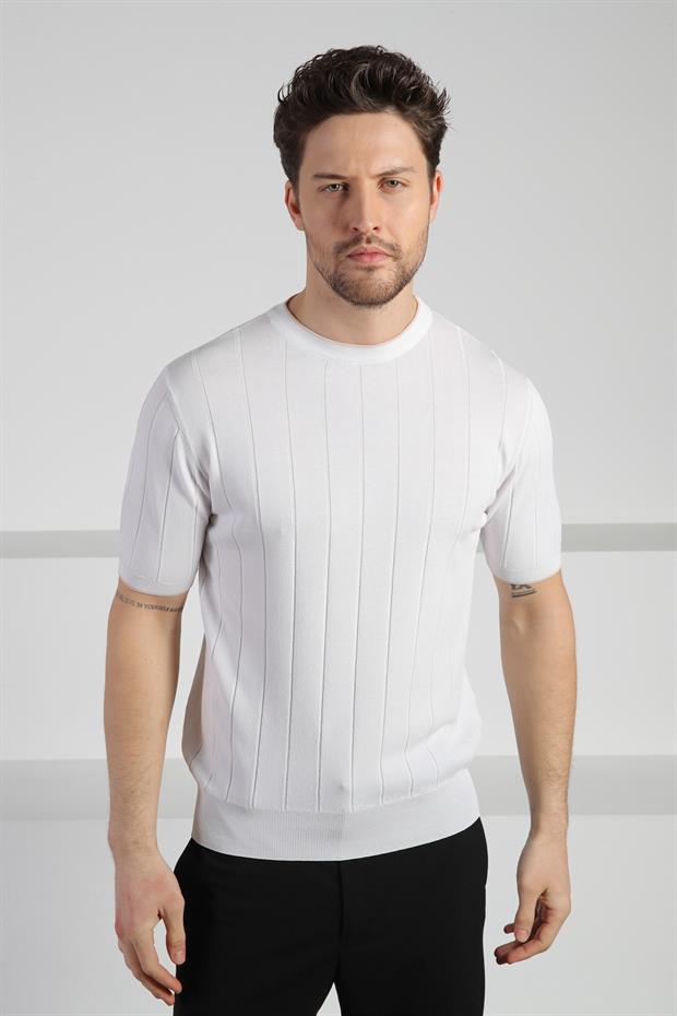 Ferraro Beyaz Bisiklet Yaka Kısa Kol Erkek Viskon Triko T-Shirt
