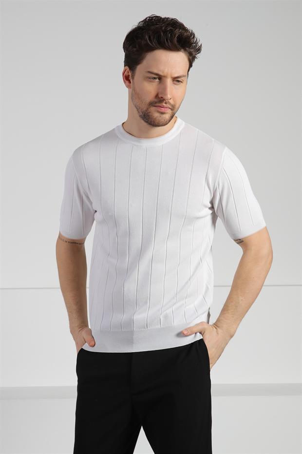 Ferraro Beyaz Bisiklet Yaka Kısa Kol Erkek Viskon Triko T-Shirt
