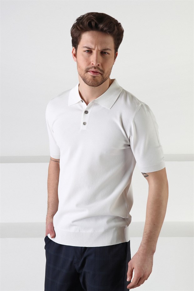 Ferraro Beyaz Düğmeli Polo Yaka Viskon Erkek Triko T-Shirt