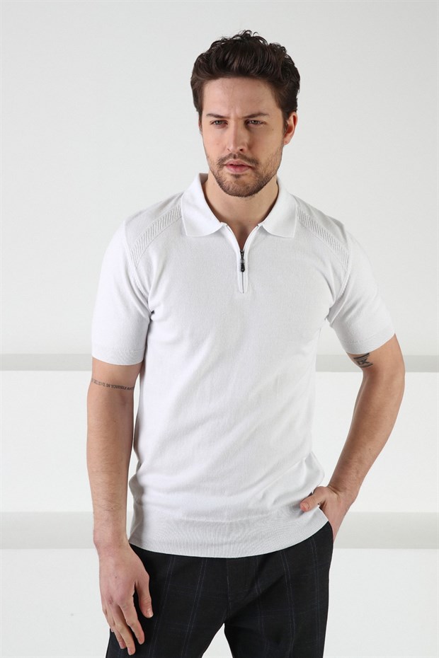 Ferraro Beyaz Fermuarlı Polo Yaka %100 Pamuk Erkek Triko T-Shirt