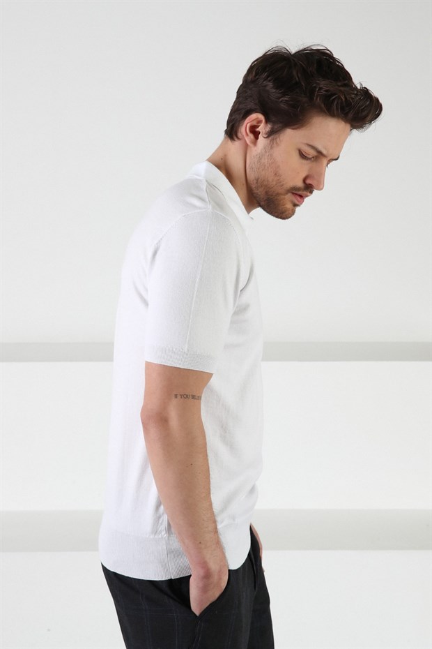 Ferraro Beyaz Fermuarlı Polo Yaka %100 Pamuk Erkek Triko T-Shirt