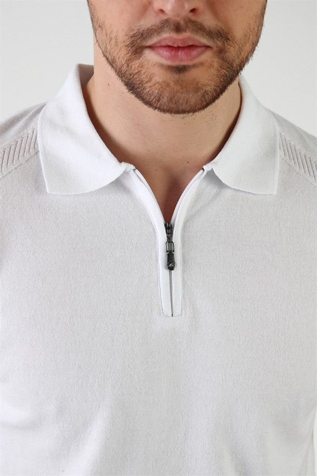 Ferraro Beyaz Fermuarlı Polo Yaka %100 Pamuk Erkek Triko T-Shirt