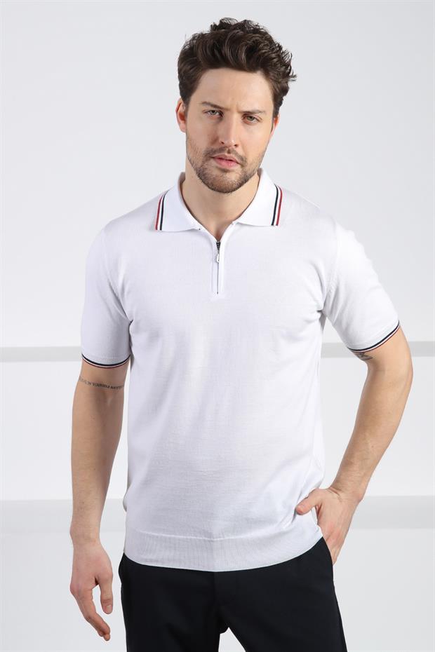 Ferraro Beyaz Polo Yaka Fermuarlı Erkek Pamuk Triko T-Shirt