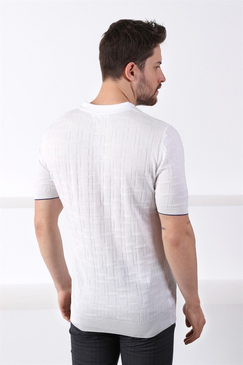 Ferraro Beyaz Polo Yaka Fermuarlı Erkek Pamuk Triko T-Shirt