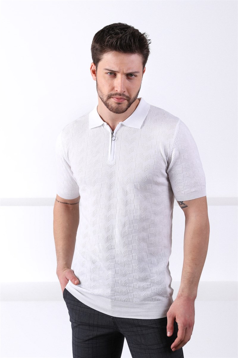 Ferraro Beyaz Polo Yaka Fermuarlı Erkek Pamuk Triko T-Shirt