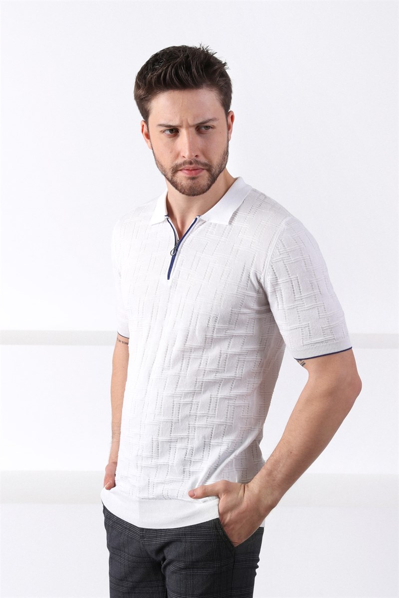 Ferraro Beyaz Polo Yaka Fermuarlı Erkek Pamuk Triko T-Shirt