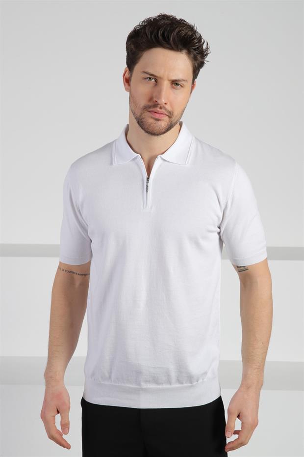 Ferraro Beyaz Polo Yaka Fermuarlı Erkek Pamuk Triko T-Shirt