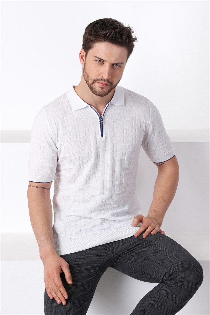 Ferraro Beyaz Polo Yaka Fermuarlı Erkek Pamuk Triko T-Shirt