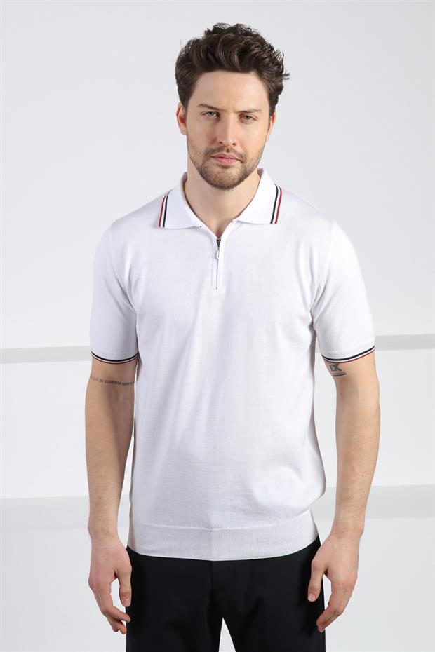 Ferraro Beyaz Polo Yaka Fermuarlı Erkek Pamuk Triko T-Shirt