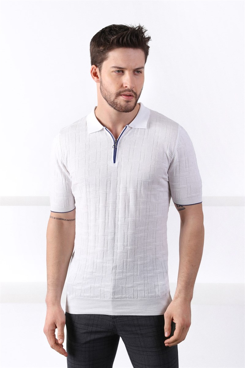 Ferraro Beyaz Polo Yaka Fermuarlı Erkek Pamuk Triko T-Shirt