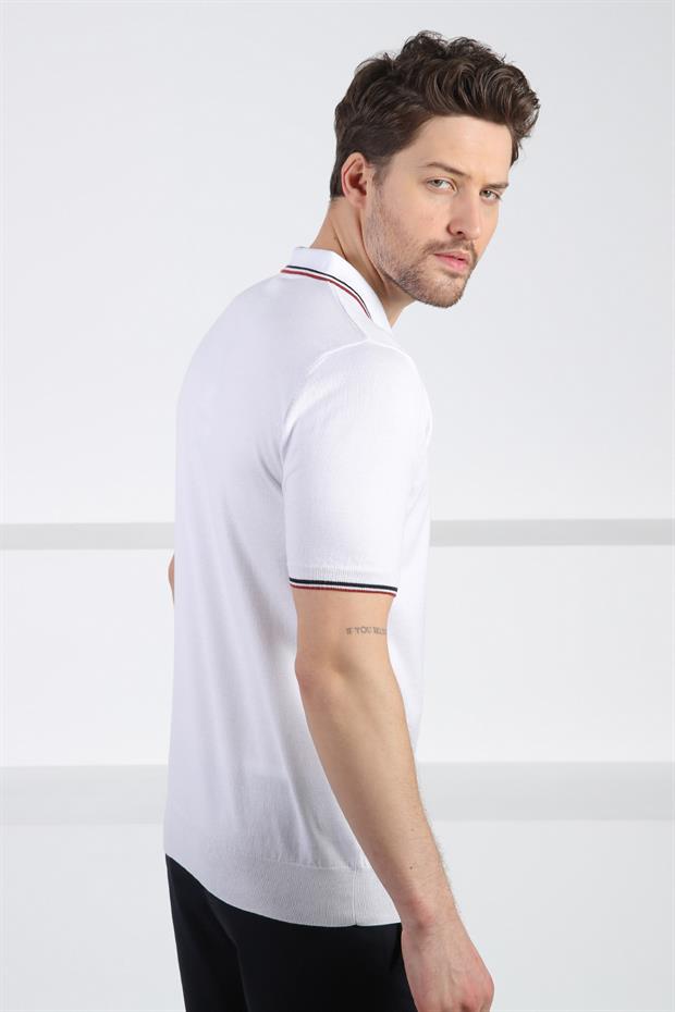 Ferraro Beyaz Polo Yaka Fermuarlı Erkek Pamuk Triko T-Shirt