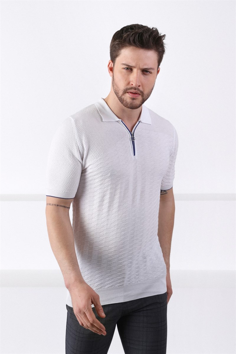 Ferraro Beyaz Polo Yaka Fermuarlı Erkek Pamuk Triko T-Shirt