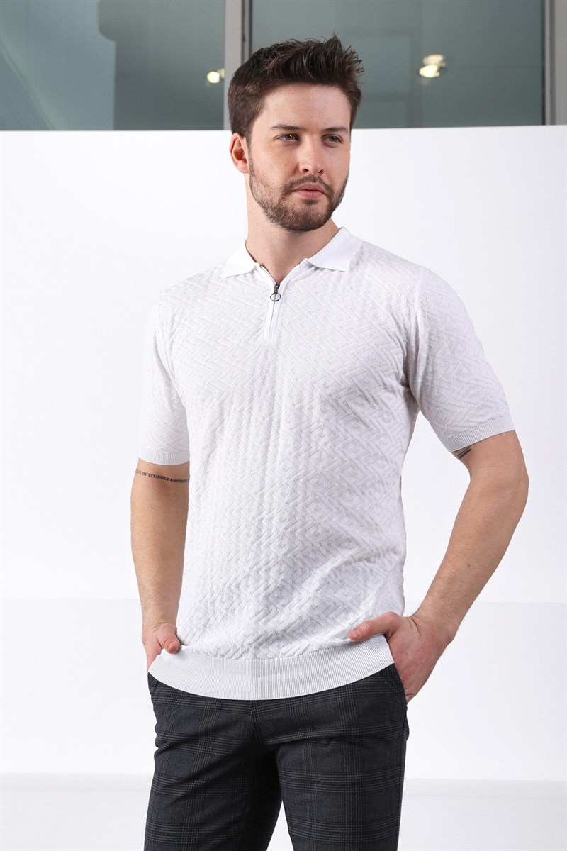 Ferraro Beyaz Polo Yaka Fermuarlı Erkek Pamuk Triko T-Shirt
