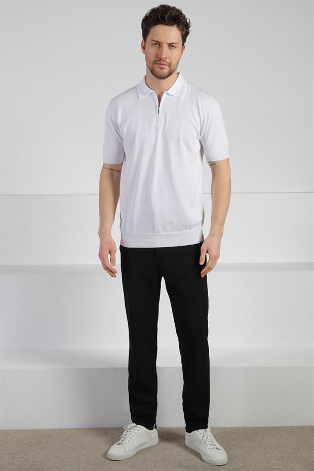 Ferraro Beyaz Polo Yaka Fermuarlı Erkek Pamuk Triko T-Shirt