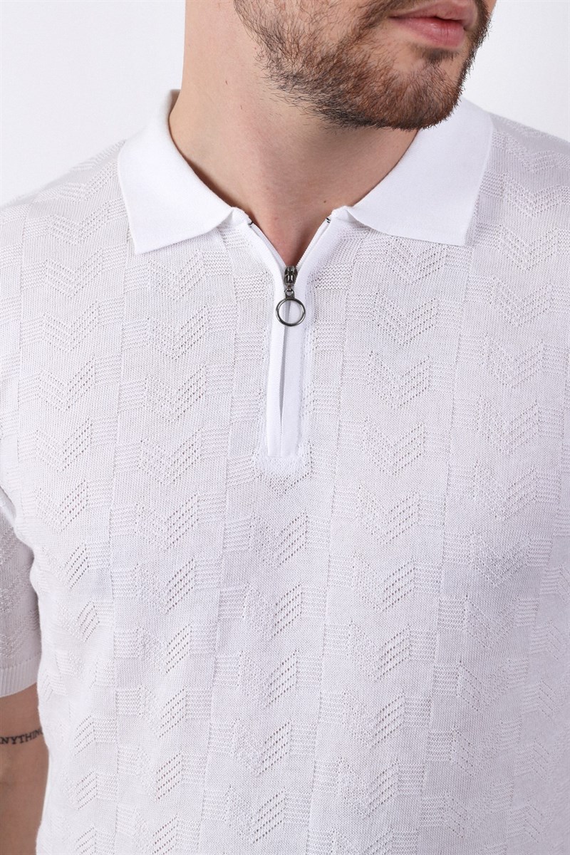 Ferraro Beyaz Polo Yaka Fermuarlı Erkek Pamuk Triko T-Shirt